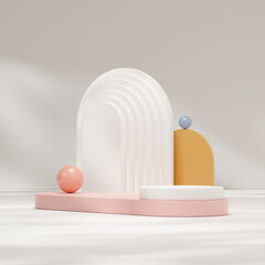 3d rendering mockup template of white and pink podium in square with backdrop and sun shadow
