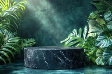 a sophisticated podium set against a lush green backdrop featuring a black marble stand and tropical leaves creating a stylish and elegant display for cosmetic products design