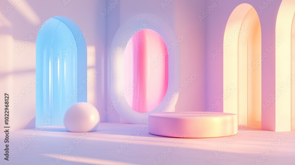 Poster Abstract geometric shapes in pastel colors create a minimal scene ideal for cosmetic or product display podium in 3D render