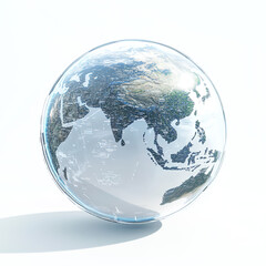 Transparent Globe Model Highlighting Asia & Europe, Crafted from Glass/Crystal with Intricate Textures, Pure White Background