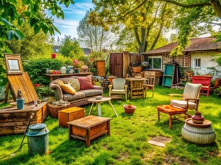 Naklejka premium Rustic backyard scene with cluttered lawn, old furniture, and discarded items in a suburban setting