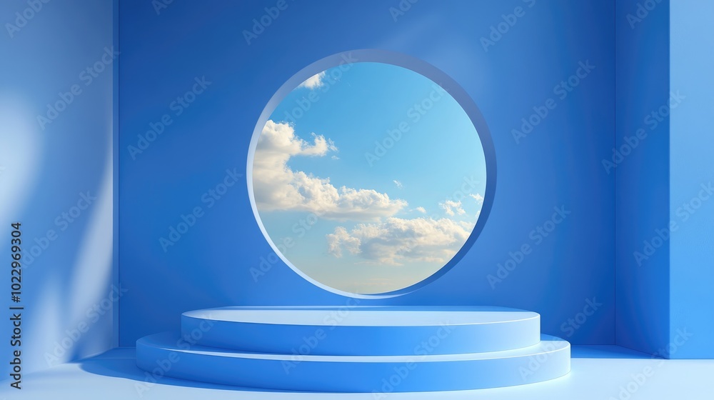 Poster 3D render of an abstract blue background featuring a window with a blue sky set against a blue wall and an empty podium Blank showcase mockup with an unoccupied round stage