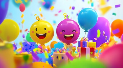 A vibrant birthday greeting card with 3D cartoon characters smiling and holding balloons, surrounded by confetti and gifts in a colorful background. The card has a cheerful, festive theme with