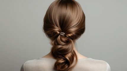 Fototapeta premium Rear view of a young woman hair styled with a clip, positioned against a soft gray background.