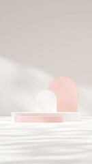3d template render mock up of pink and white podium in portrait with arch backdrop and wall