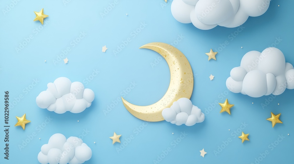 Poster 3d illustration of a crescent moon golden stars and white clouds set against a blue background ideal
