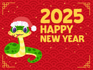 banner with cute cartoon green snake in a new years hat symbol of the year on a Chinese New Year style pattern background with sakura