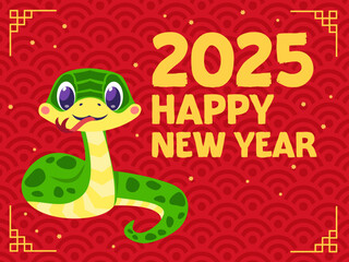 Cute cartoon green snake symbol of the year on a Chinese New Year style pattern background with sakura