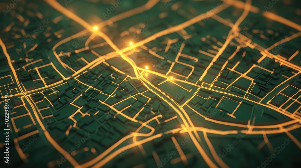 Aufkleber Abstract map of streets created with white lines against a green background illuminated by two light sources Aerial perspective 3D render illustration