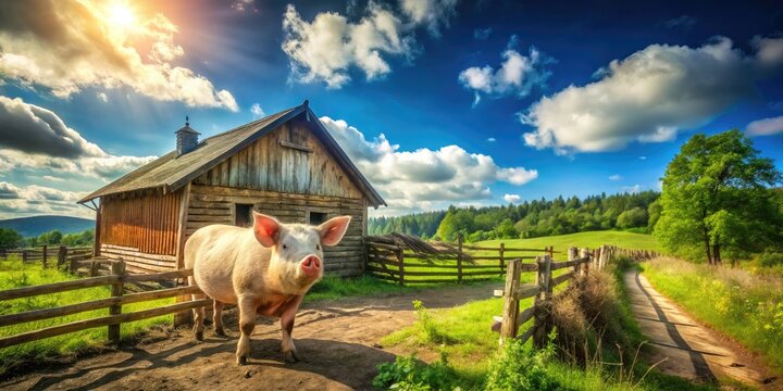 Rustic Pig Sty Surrounded by Greenery with Wooden Fencing and Open Sky in a Farm Setting