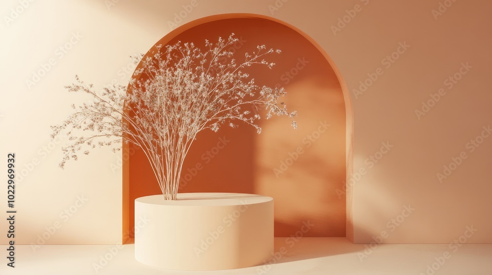 Poster brown arc on a light orange pedestal with dried vegetation minimalistic and natural design 3d render