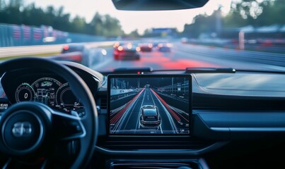 Car dashboard with screen showing road ahead.