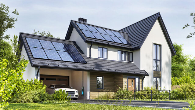 Modern House with Solar Charging Station and Electric Car