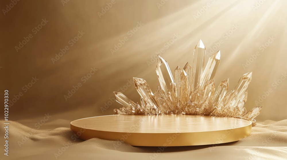 Poster Abstract gold stage platform featuring crystal elements designed as a template for product advertising 3D rendering