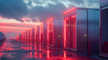 Fototapeta premium Battery energy storage system consisting of several lithium battery modules placed side by side