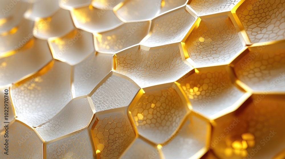 Poster Abstract hexagonal texture in gold tones Fractal design Surreal digital artwork Three dimensional rendering