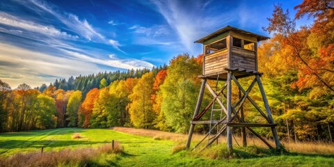 Rustic Wooden Deer Stand Surrounded by Lush Green Forest Under a Bright Blue Sky in Autumn