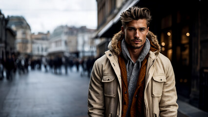 A man in a hoodie layered with a jacket, showcasing a modern and relaxed appearance during winter, in the blur cityscape background