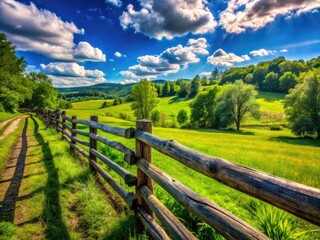 Rustic wooden fence in a serene countryside landscape with lush greenery and bright blue sky