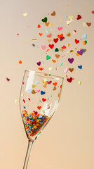 Confetti hearts exploding from champagne glass on light background, copy space, party invitation. Generative AI