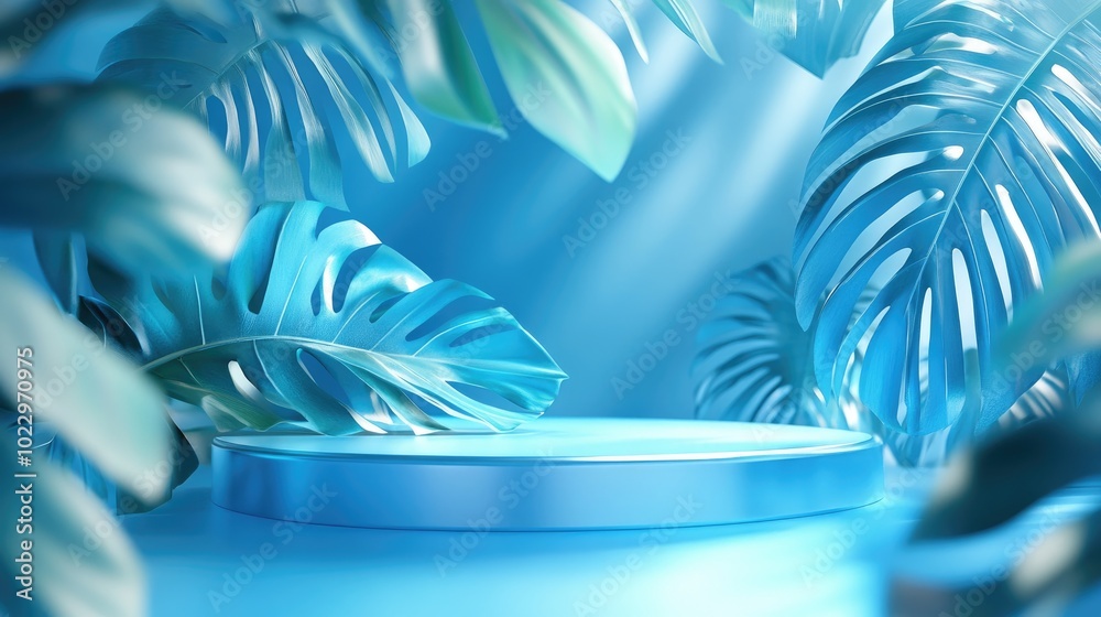 Aufkleber 3d rendering of an abstract podium display featuring tropical leaves and a blue pastel plant scene c