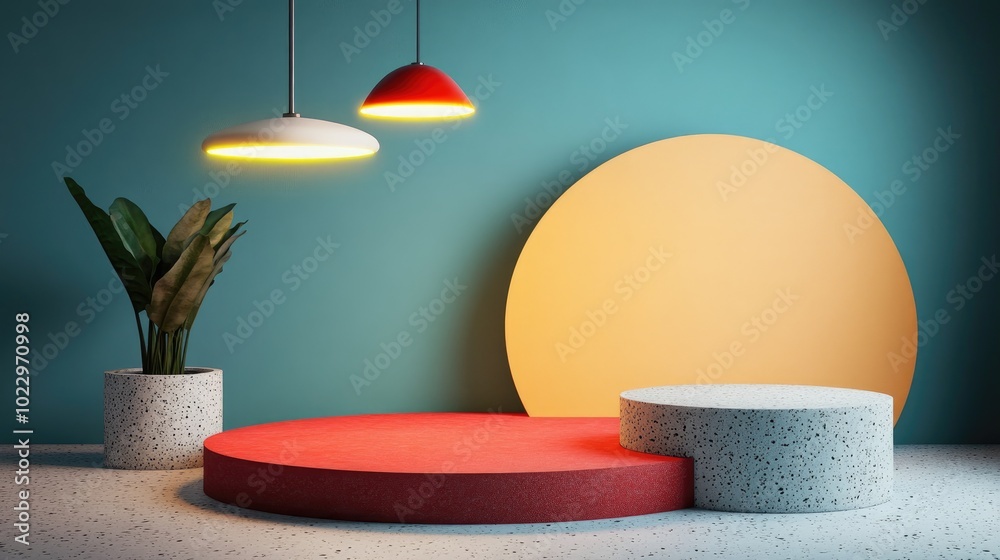 Poster Colorful block minimal circular podium designed for product display featuring light shapes and pendant lamp in a 3D rendered illustration background