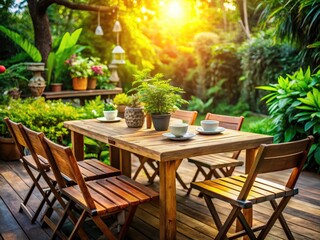 Fototapeta premium Rustic Wooden Table Surrounded by Lush Greenery and Natural Light in a Cozy Outdoor Setting