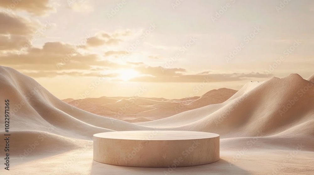 Poster 3d rendering template featuring a minimal podium set against a landscape with beige and cream hues