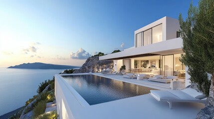 Fototapeta premium Santorini beach home, beautifully rendered, with expansive terraces, white exteriors, and a stunning sea backdrop
