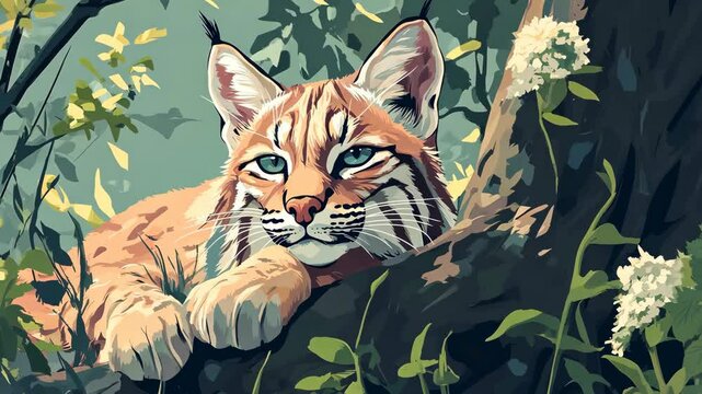 A bobcat rests on a branch in a forest, surrounded by green foliage and white flowers