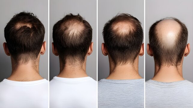 Before-and-after photo timeline tracking the monthly progress of hair restoration, from visible scalp to fuller hair, with consistent treatment updates