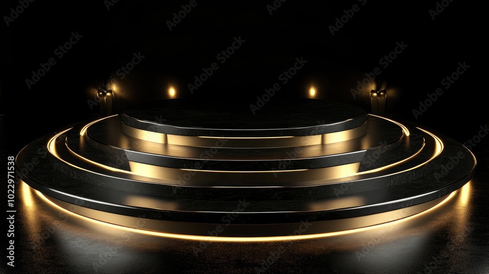 Poster Abstract black and gold luxury podium featuring a stylish futuristic design for product display and an elegant round stage suitable for awards in a modern 3D rendering