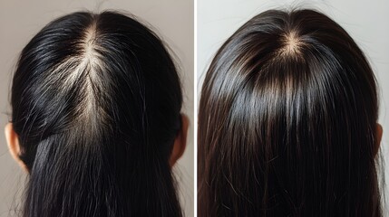 Fototapeta premium Transformation timeline with before-and-after shots of thinning hair improved by hair growth serum, showcasing visible density and volume, Realistic, High-Resolution