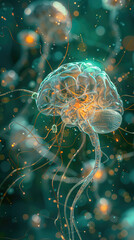 Fototapeta premium Transparent Human Brain Model on Grassy Meadow with Blue Sky Background