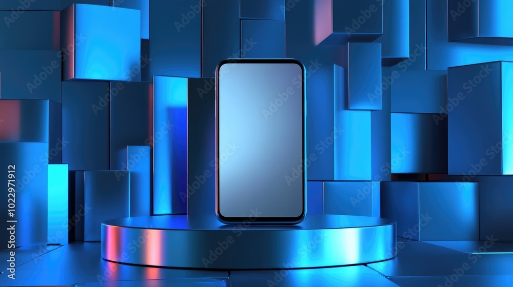 Poster 3D rendered illustration of a smartphone featuring a blank screen positioned on a podium complemented by abstract geometric shapes in the background Modern and trendy design in blue and silver hue