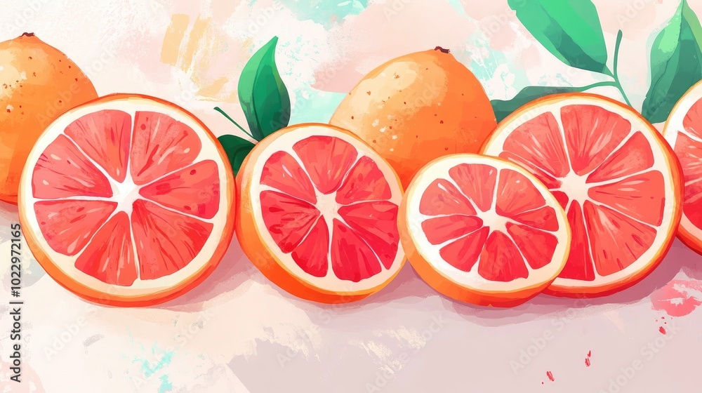 Poster Close up of sliced ripe blood oranges on a gray background showcasing their vibrant color and texture with space for text