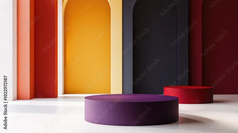 Poster Collection of 3D product display backgrounds in red yellow and dark purple on a white floor with open space Minimalist abstract composition Studio showcase for fashion product presentation