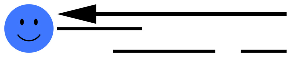 A simple blue smiley face with a large black arrow pointing left and two horizontal black lines. Ideal for communication themes direction or movement instruction guiding or navigation simplicity
