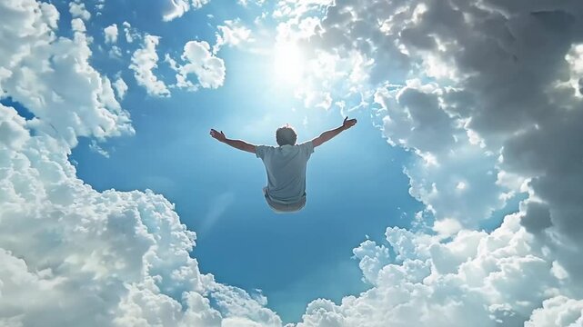 Person floating peacefully in a bright sky surrounded by clouds