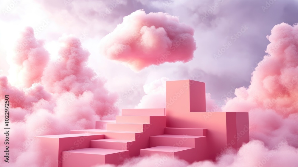 Aufkleber 3D render of an abstract pink fantasy background featuring a cloud above a pedestal with stairs and a cubic podium Objects are isolated within a minimal pink space representing modern fashion conc