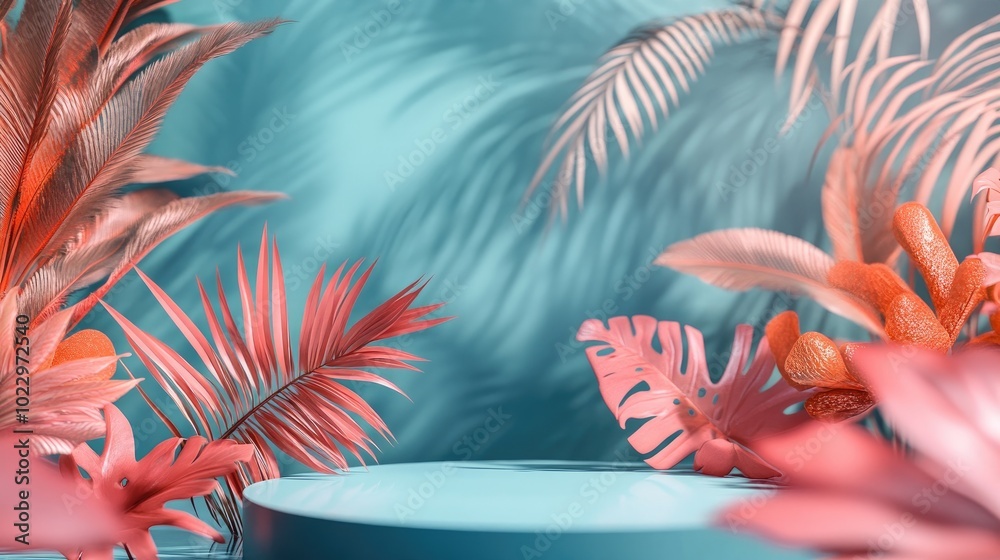 Aufkleber 3d rendering of an abstract podium display featuring tropical leaves and coral pink plants ideal for