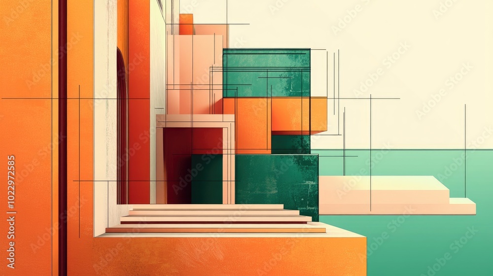 Poster Abstract Geometric 3D Architecture Header With Linear Design Elements Architectural Wireframe And Blueprint Drawing And Sketch With Retro Aged Look In Orange And Green Colors