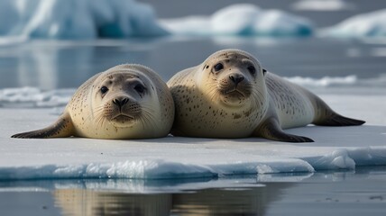 Naklejka premium Seals resting on ice in tranquil waters
