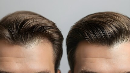 Before-and-after close-up of a man's hairline, highlighting the increase in hair density and coverage post-transplant, Photorealistic, Natural Lighting, High Detail