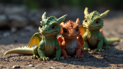Fototapeta premium Three colorful dragon figurines.
