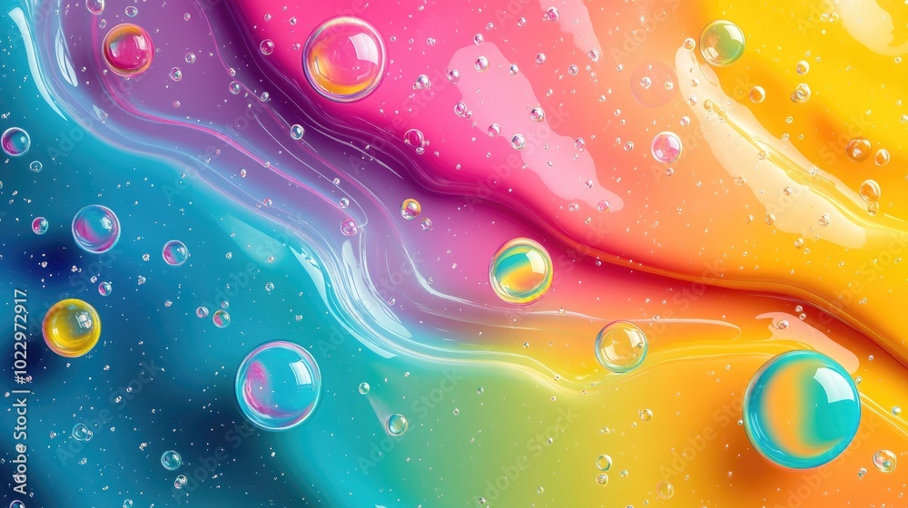 Poster abstract 3d render of iridescent neon painted chaotic liquid with bubbles modern wallpaper design be