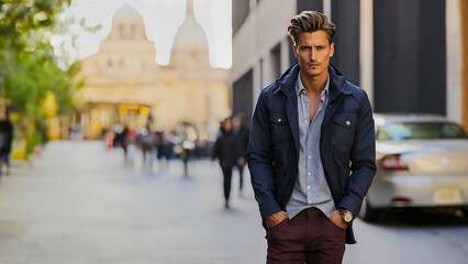 A man in a blue jacket and maroon pants poses, reflecting a blend of style and sophistication in his attire during winter, in the blur street background