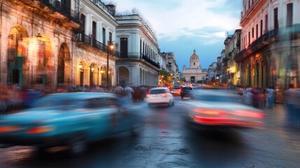 Blurred crowd and cars in a historical city, 
