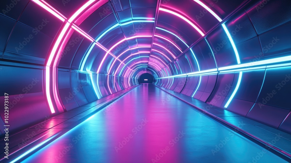 Poster abstract neon led tunnel with blue and pink glowing lights futuristic laser corridor high speed dyna