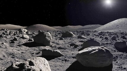 Lunar Landscape: A breathtaking panorama of the moon's desolate surface, showcasing craters, rocks, and the distant glow of Earth. A stunning view of our celestial neighbor. 